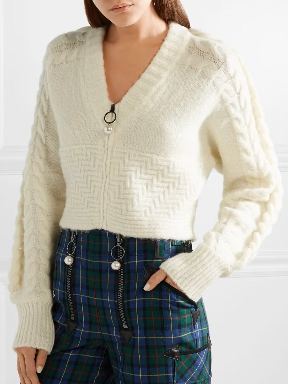 Opening Ceremony Cream Cable-Knit Zip Cropped Sweater